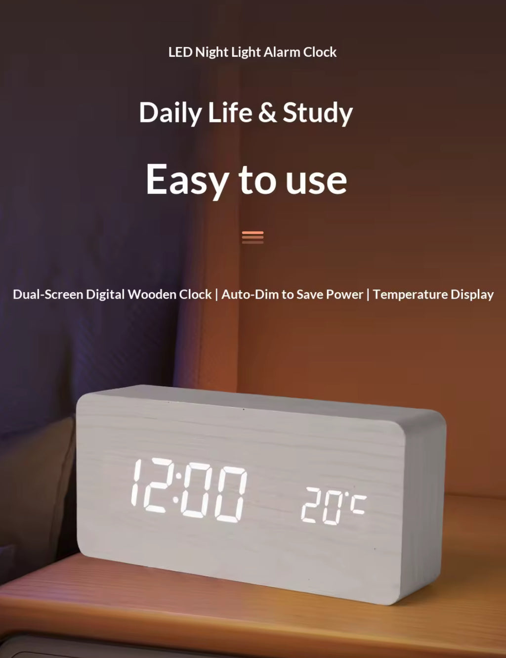 Nordic wooden grain alarm clock